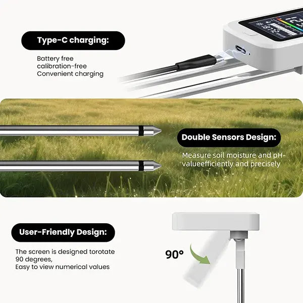 AmiSol3 6-in-1 Soil pH Tester – Rechargeable Digital Meter with LCD Display for pH, Moisture, Temperature, Sunlight & Fertility