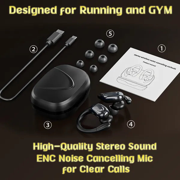 N5 UmiBuds Gym Earbuds – Wireless Bluetooth Earphones with LED Display, Earhook, IPX7 Waterproof, Deep Bass for Sport & Running