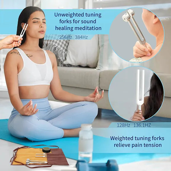 HeavyFork Weighted Tuning Fork Set – 128Hz, 136Hz, 256Hz, 384Hz with Activator, Sound Therapy for Chakra, Yoga & Meditation