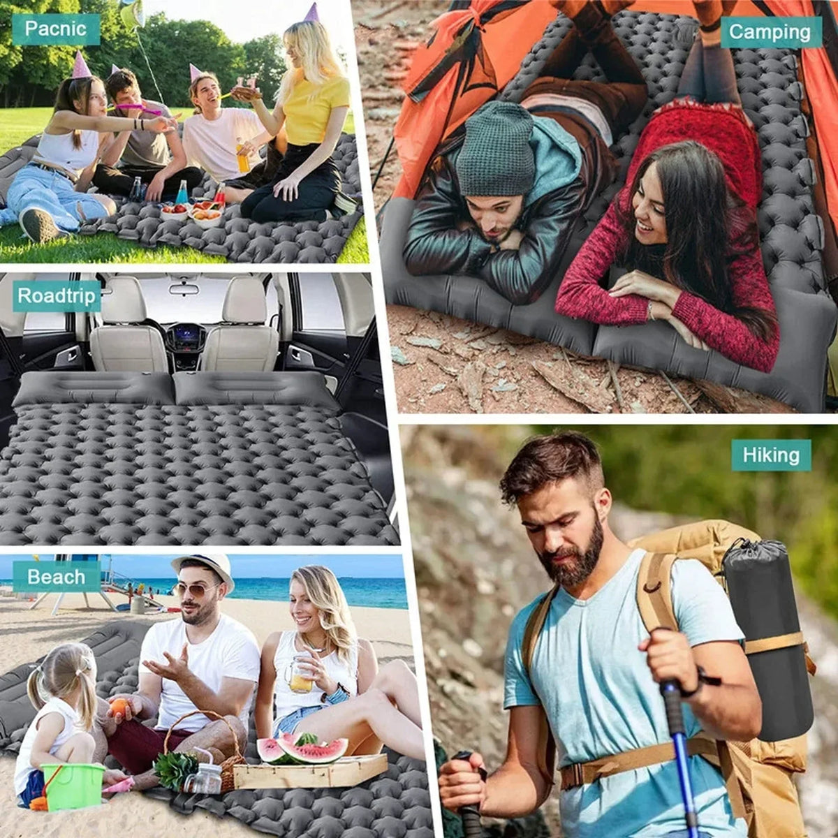 TuxaCusi Double Camping Sleeping Pad – Inflatable Air Mattress with Pillows, Foot Pump, 440 LBS Support