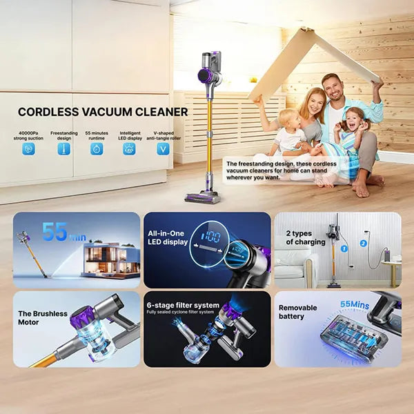 Cleanivia 8-in-1 Cordless Stick Vacuum – 40kPa Suction, Anti-Tangle, LED Display & 1.5L Dust Cup