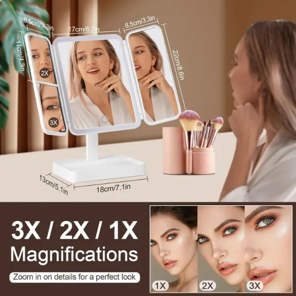 VanityGlow Lighted Makeup Mirror – 83 LEDs, 360° Fill Light, 3-Color Lighting, Trifold Portable Travel Mirror