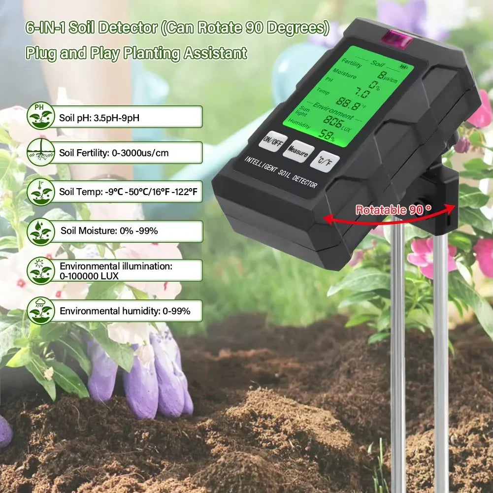 ProSoilPH 6-in-1 Soil Tester – Moisture, pH, Temperature, Sunlight, Fertility & Environment Meter for Gardening & Farming