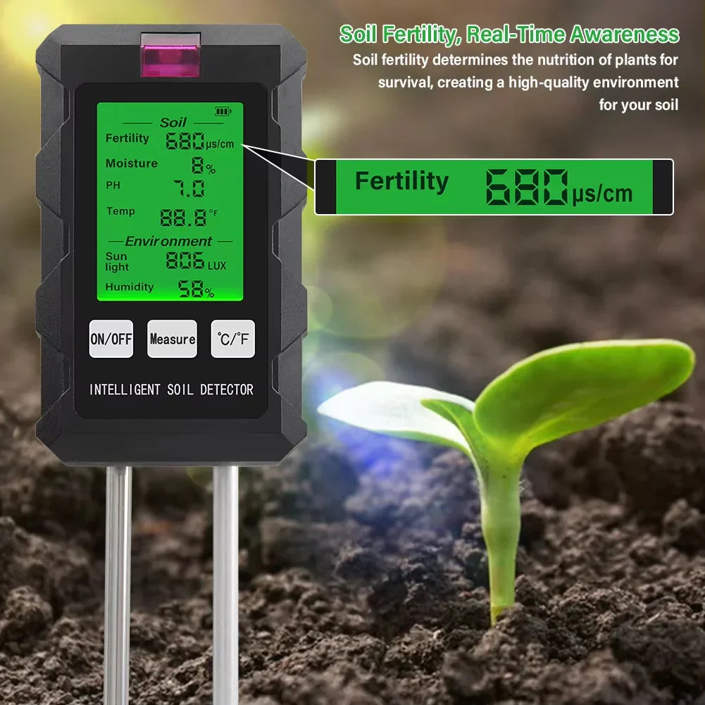 ProSoilPH 6-in-1 Soil Tester – Moisture, pH, Temperature, Sunlight, Fertility & Environment Meter for Gardening & Farming
